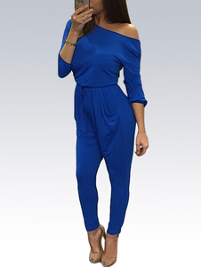 Bleu combinaison Off-the-Shoulder découpes féminin plissée longue manche Jumpsuit