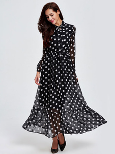 Manches longues à pois féminin robes Maxi collier orné noir robes en mousseline de soie
