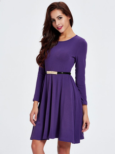 Flare femmes robes manches longues violet Sash robes