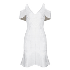 Robe Bodycon blanc v-Neck Zipper Ruffle Dress mince Sexy pour femmes