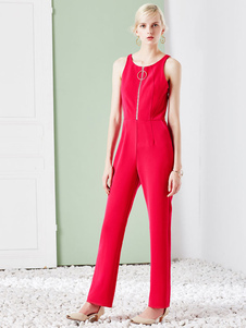 Taille haute fermeture éclair Rose Red Jumpsuit féminin dos nu longue combinaison dans la jambe droi