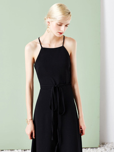 Noir taille haute Strappy dos Criss longue combinaison Jumpsuit féminin avec ceinture