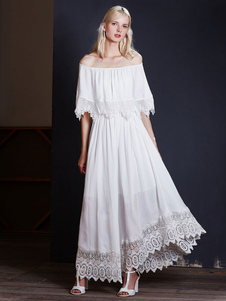 Robes blanche bordure ajourée large épaule haute jupe basse demi-manchon robes