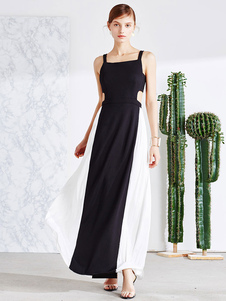 Couleur de contraste noir Maxi robe sans manches découpe robe longue des fentes femmes