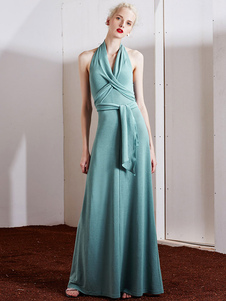 Coton sans manches Backless Halter Sexy robe Dress Maxi femmes avec ceinture