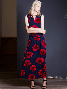 Robe Maxi sans manches impression marine longue robe à fleurs avec encoche V Neck