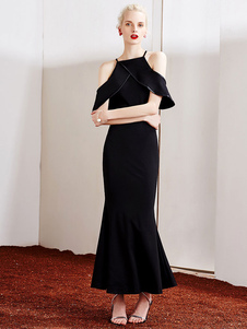 Robe Maxi noire épaule froide Halter sirène Party robe longue