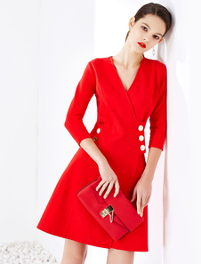 Rouge 3/4-Length manches boutons robe a-line