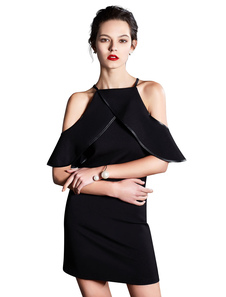 Robe noire froide épaule couches robe de glissement pour femmes