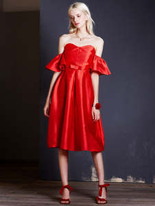 Bustier robe rouge au large de l’épaule volants manches robe de partie