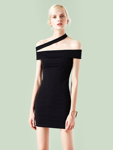 Noir Sexy coton Off-the-shoulder gaine asymétrique robe Midi robe féminine pour femmes