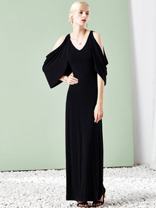 Coton col v ouvert épaule longue robe Maxi robe féminine noire