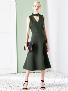 V-Neck Zipper robe rétro robe Vintage féminin Green