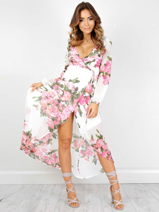 V Neck robe manches longues Split haute impression Floral robe Maxi
