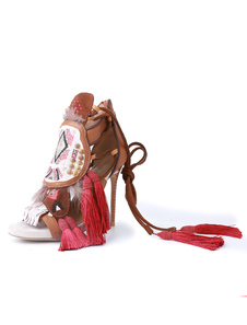 Tassel tirette simili-cuir talon aiguille sandale chaussures Boho haut talon sandales femmes