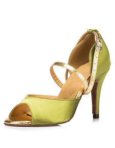 Belles chaussures de danse latine en satin vert gazon à talons aigus courroie ajustable peep-toe
