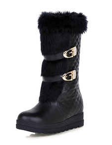 Noir, bottes plateforme bottes courtes fausse fourrure Buckle Wedge Booties