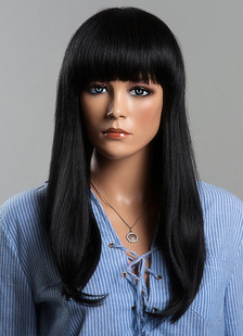 Long noir perruques perruques de cheveux bouclés féminines avec frange