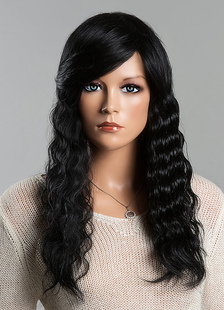 Long noir perruques perruques bouclés femmes avec côté balayé Bangs