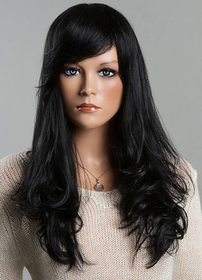 Long noir perruques perruques vague féminine avec frange balayée par le côté perruques de cheveux hu