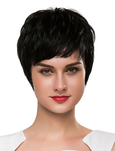 Perruques de cheveux humains noire perruques droites courtes avec frange