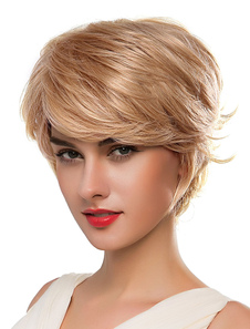 Blonde homme perruques perruques courtes de vrais cheveux femmes avec frange balayée par le côté