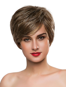 Droites courtes féminines perruques perruques de cheveux humains Taupe avec frange