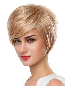 Blonde courte perruques perruques droites avec frange pour femme
