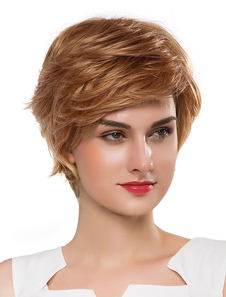 Coupe de Blonde Boy cheveu court féminin vrais cheveux perruques avec frange balayée par le côté