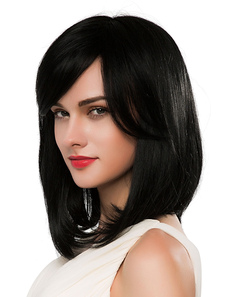 Moyenne noir perruques perruques droites femmes avec frange perruques de cheveux humains