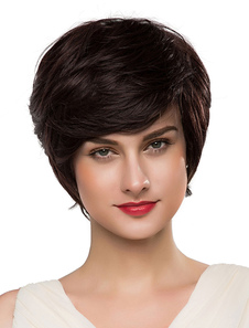 Perruques de cheveux humains perruques cheveux brun foncé de Real court féminin avec frange