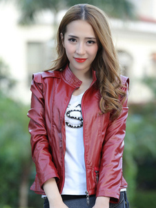 Stand de PU cuir veste manches longues à capuche femmes col veste Moto