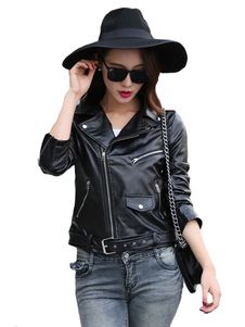 Veste de Moto PU noir en cuir veste féminine manches longues à capuche ceinture boucle col Turndown