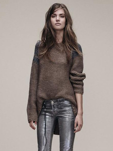 Brown, tricoter contraste couleur manches longues pull pulls des chandails femmes