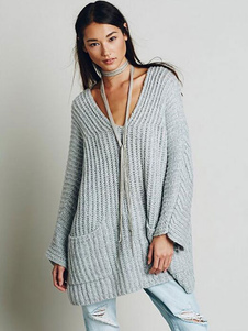 V-Neck occasionnels surdimensionné chandail à manches longues et poches