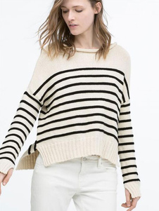 Chandails tricot rayé côté fente haute basse coton pull pulls pour femmes