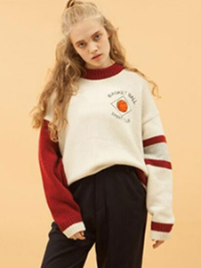 Attrayant pull féminin casual abricot bicolore brodé manches longues