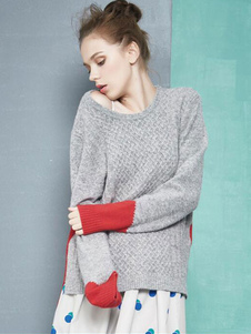 Chic femme pull casual gris bicolore devant court et derrière longues manches