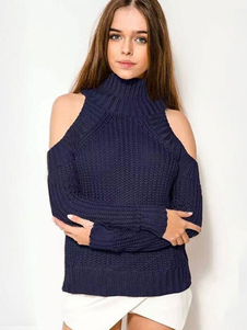 Populaire pull-over féminin sexy bleu foncé unicolore détail épaules ouvertes manches longues