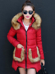 Capuche vers le bas manches longues fourrure détail mince manteau du manteau femmes d’hiver