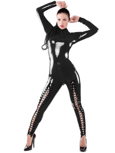 Manches longues combinaison Sexy lacets noir PU découpe Cross Pole féminin avant Dancing vêtements