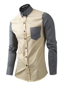 Men's Caual Shirt Button Long Sleeve Pockets Color Block Shirt