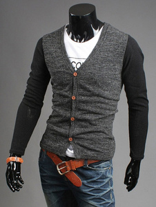 V Neck Cardigan noir/brun contraste manches tricots hommes
