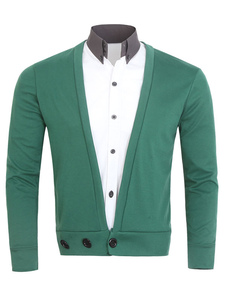 Men's Green Cardigan Cotton Long Sleeve Button V-neck Knitwear