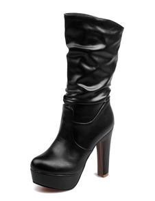Cuir noir, bottes féminines plissée ronde Chunky bottes courtes