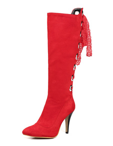 Suede talon bottes lacets pointu rouge femmes ruban genou longueur Stiletto haut talon bottes