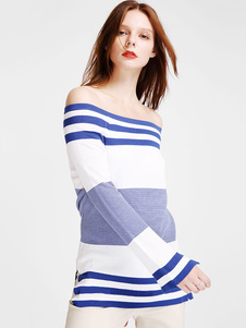Slim Fit Pullover chandails pulls Off-the-Shoulder Stripes fente féminine en tricot bleu