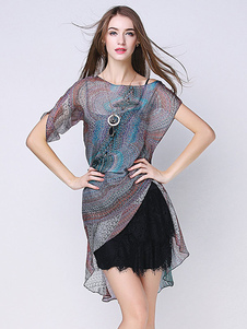 En mousseline de soie robe deux pièces ensemble manches courtes femmes imprimé robe bas haut