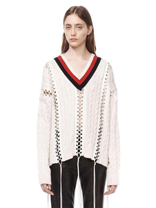 Chandails tricot col en v Drawstring découpes manches longues coton pulls des femmes