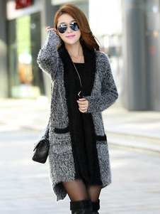 Cardigans gris poches femmes dos fente hautes basses chandails tricots